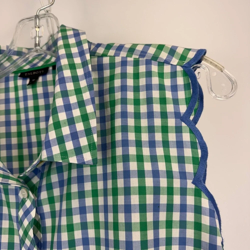 Talbots Womens 18 Gingham Sleeveless Button Down Shirt Scallop Trim Green Blue - Picture 6 of 13
